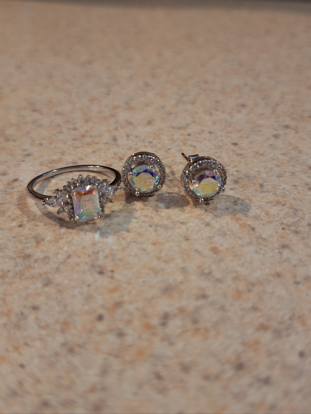 3 Piece Set Sterling Silver Aurora Cryst Ring and Stud Earrings Set - Iridescent - Picture 6 of 7